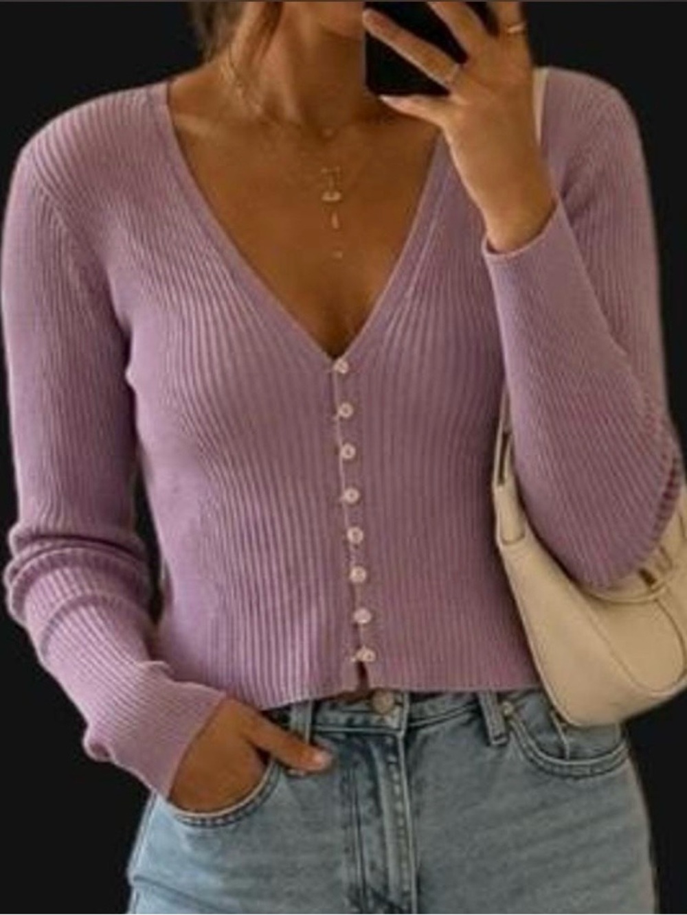 Sincerly Jules Lavender Ribbed V-Neck Button-Up Cardigan